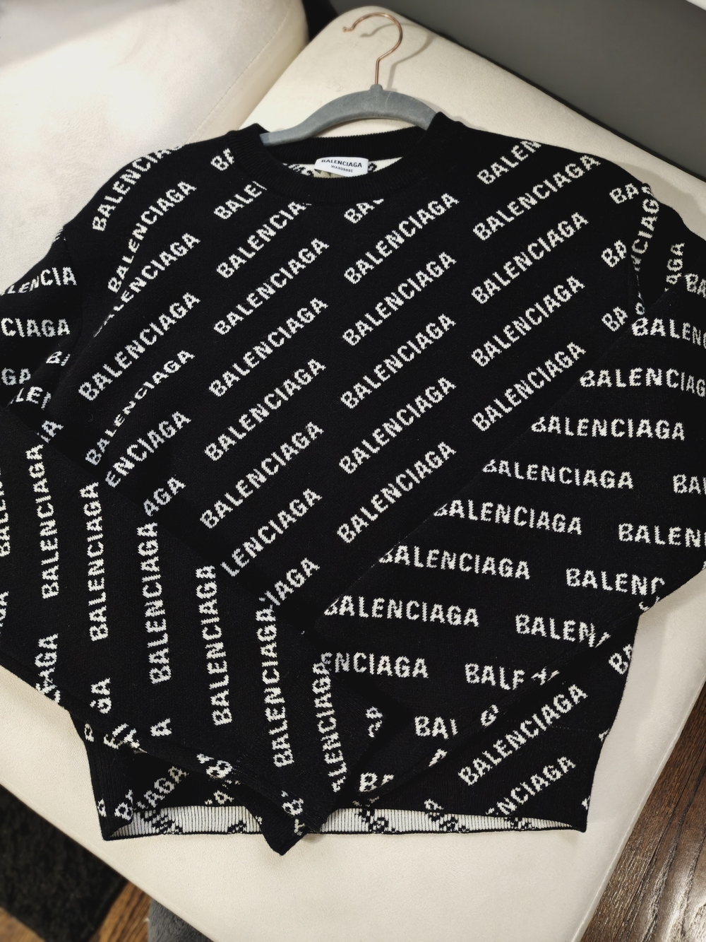 Authentic Balenciaga Black Crewneck Logo Knit Sweater White Allover Branding